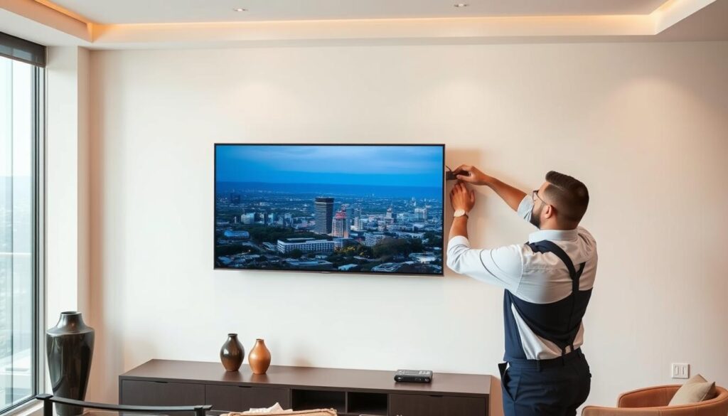 a professional well lit image of a sleek modern living room with a large flat screen tv 1024x585 copy (2)
